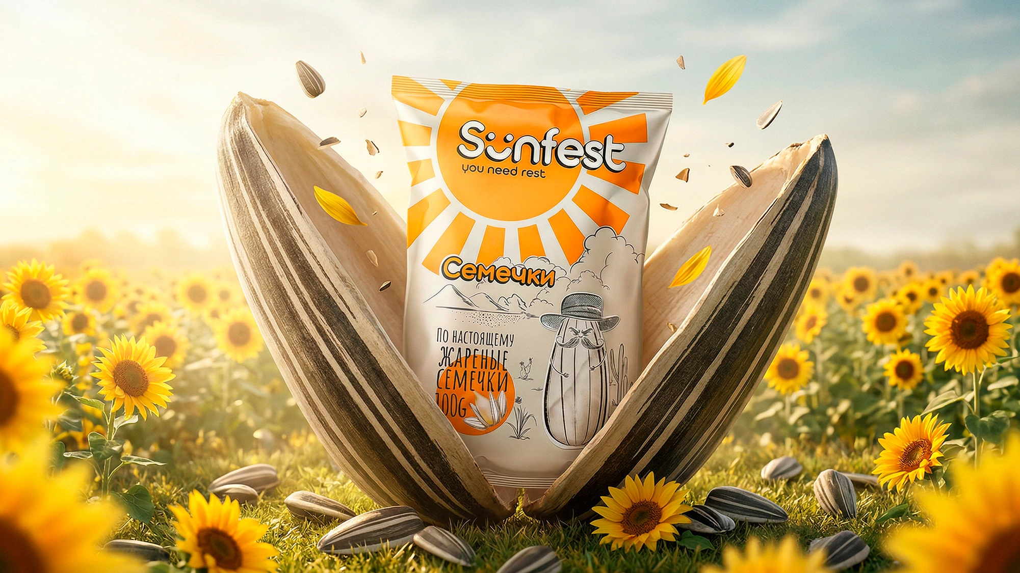 Sunfest: Qovurilgan pista qadoq dizayni